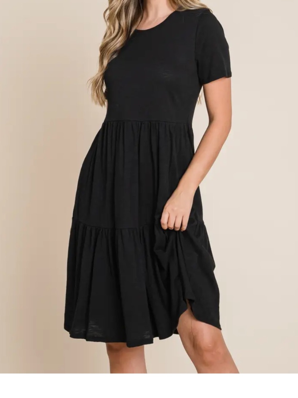 Classic Black Short-Sleeve Tiered Midi Dress